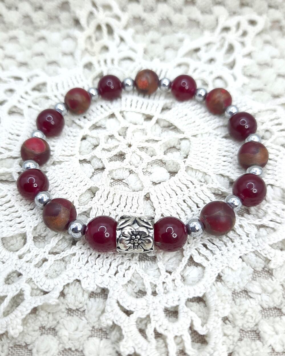 Artisan Apple Jasper Bracelet Natural Beaded Stretch Tibetan Silver Spacer NEW